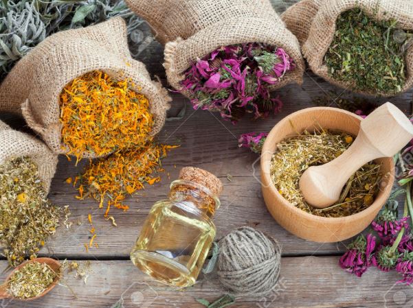 ۳۶۶۲۹۱۰۷-Healing-herbs-in-hessian-bags-wooden-mortar-with-chamomile-and-essential-oil-on-rustic-table-herbal--Stock-Photo